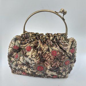 Vintage Boho Tapestry Beaded Bag with double clasp Handles